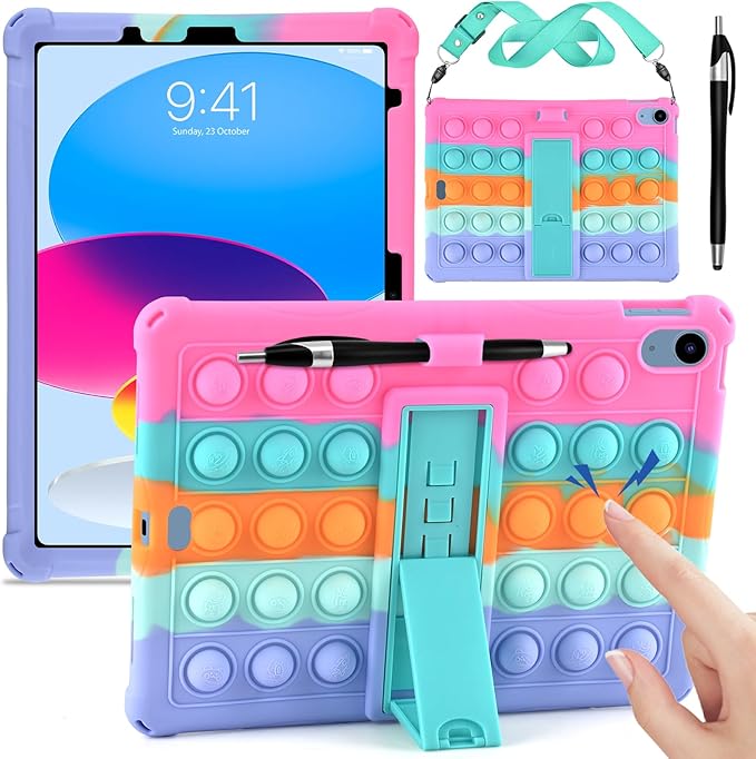 DETUOSI Silicone Case Compatible with iPad (A16) 11th Generation 11 Inch 2025 for iPad 10th Gen 10.9 Soft Case with Shoulder Strap &amp Stylus Pen Multi-Viewing Angles Black