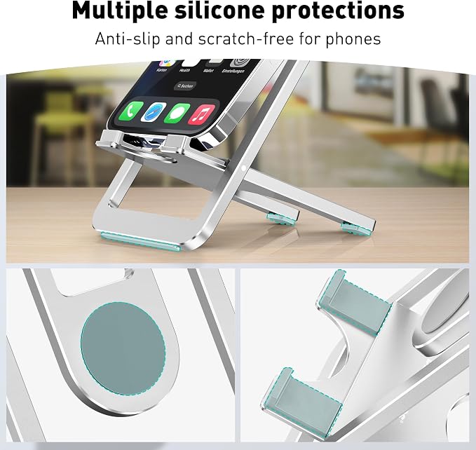 Cell Phone Stand for Desk - Foldable Aluminum Phone Holder Portable Travel Essentials Adjustable Desktop Dock for iPhone 17 16 15 14 Pro Max Android (Pink)