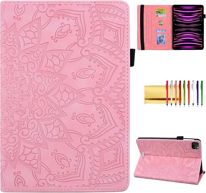 Folio Case for iPad Pro 11 2018-2022 iPad Air 11 2025/2024/Air 10.9 - Techcircle Stand Mandala Embossed PU Leather Soft TPU Cover with Elastic Strap Card Slots Pencil Holder - Pink