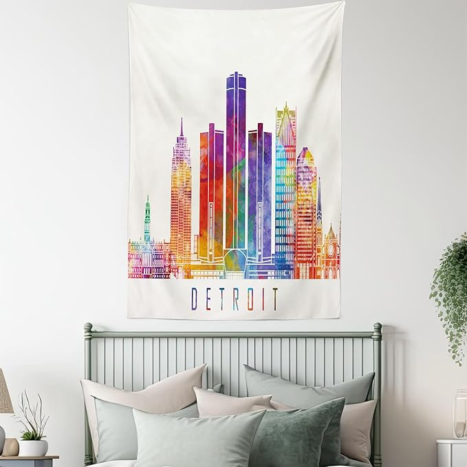Ambesonne Detroit Tapestry Queen Size, Vibrant Colored Abstract Skyscrapers Modern Architecture Watercolor Style Landmarks, Wall Hanging Bedspread Bed Cover Wall Decor, 88" X 88", Ivory