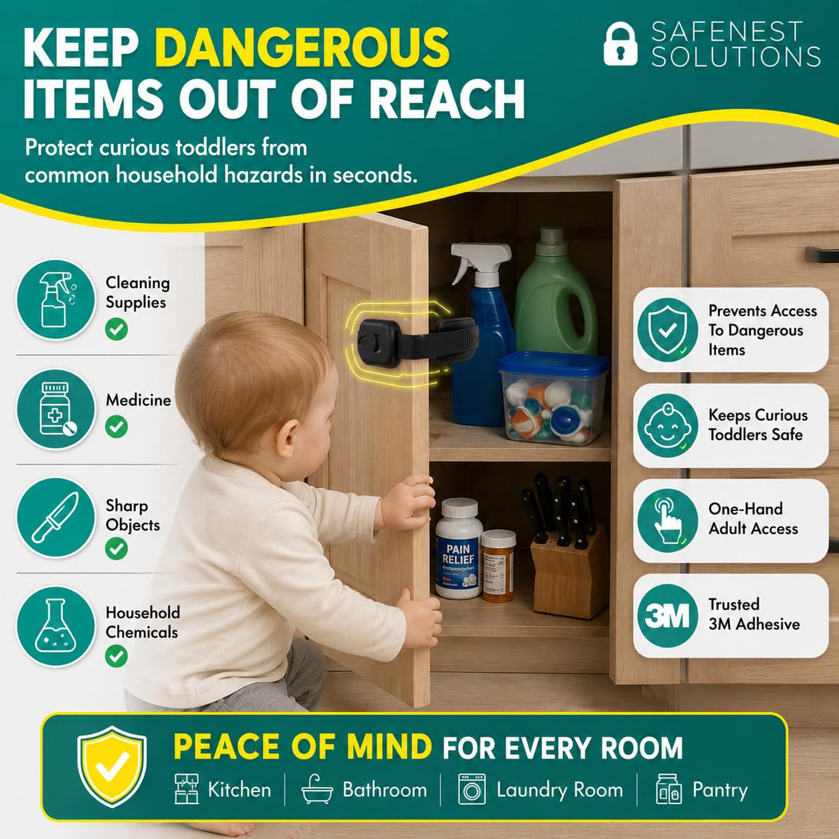 SAFENEST Child Proof Cabinet Locks (5 Pack Black) 3M Adhesive for Cabinets and Drawers, Fridge, Drawer Locks Baby Proofing, No Drilling; Alcohol Prep Pads Included