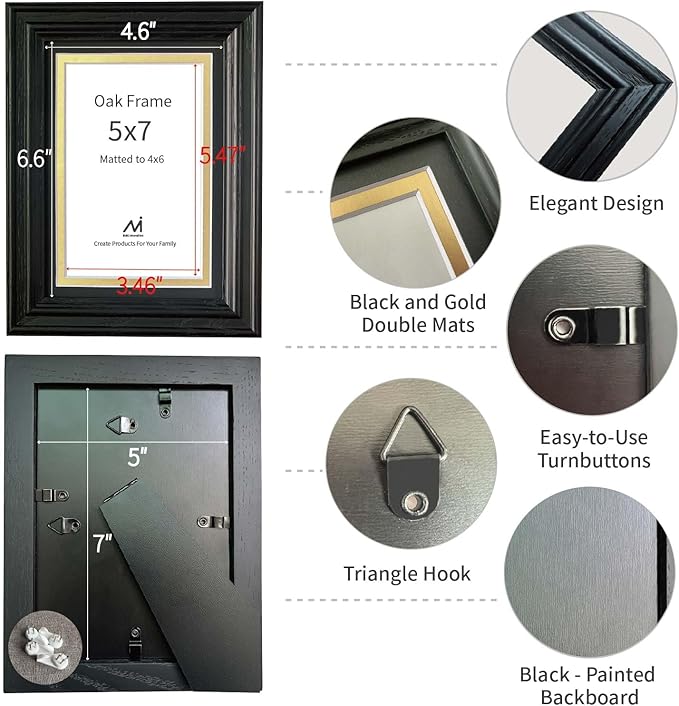 5x7 Picture Frame for Wall or Tabletop Oak Wood, 4x6 Picture Frame with Mat,5x7 Premium Photo Frame with Real HD Tempered Glass,Ideal for Home Decor, Art Gallery,Black, 1 Pack