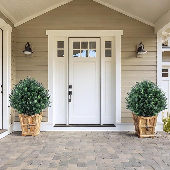 2-Pack Artificial Cypress Topiary Busges :Stake-in UV Resistant & Fade-Proof Topiary with PE Needles for Porch, Garden, Front Yard - Realistic Chartreuse, 25"