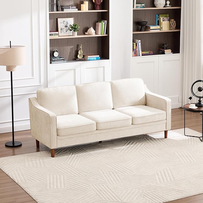 Kingfun 80" Chenille Sofa, 3 Seater Couch, Mid Century Modern Couches with Solid Wood Frame for Living Room & Bedroom, Beige