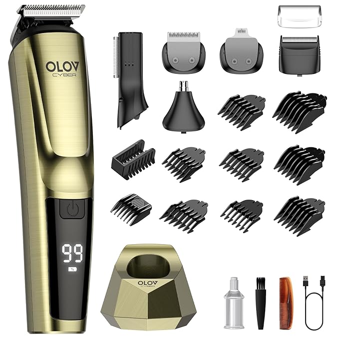 OLOV CYBER Beard Trimmer for Men, 17-in-1 Mens Grooming Kit with 6 Trimmer Heads, Cordless Hair Clippers Rechargeable with Charging Dock, IPX7 Waterproof Wet Dry Use for Body Face Nose & Mustache