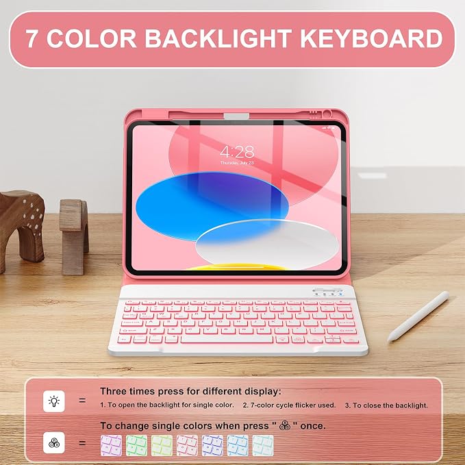 Soke for iPad (A16) 11th/10th Gen Case with Keyboard Black Marble | For iPad 11/10.9 inch(2025/2022) 7 Color Backlight Magnetic wireless Detachable Keyboard Case Built-in Pencil Holder