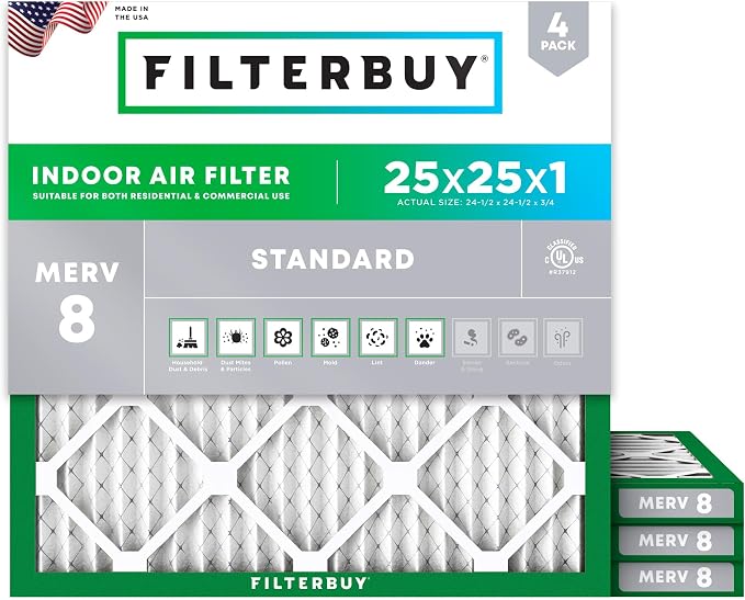 Filterbuy 25x25x1 Air Filter MERV 8 Essential Dust & Allergy Defense,