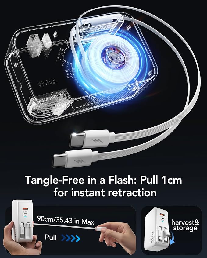 4-in-1 Retractable USB C Wall Charger40W Fast Charging for Multi-Device | Retractable ChargerFoldable PlugExtra USBC &amp A PortsDual 35.5in CablesMultiple Devices Charger for iPhone/Galaxy/Pixe
