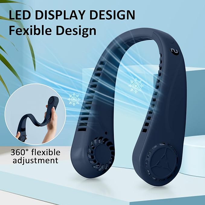 BIRDDIE Portable Bladeless Hanging Neck Fans with Screen Display and 5 Speeds Levels, USB Rechargeable, 360° Cooling Wearable Personal Fan for Work Travel Sport Outdoor (Blue)