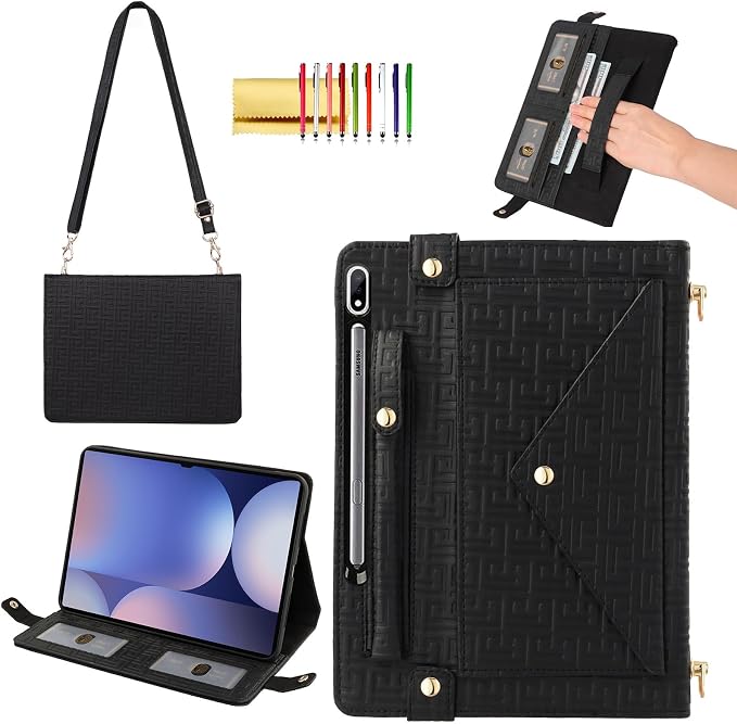 Handbag Case for Samsung Galaxy Tab S10 FE/S9 FE 10.9/S9/S8/S7 11 Techcircle Folio Stand Crossbody Wallet Protective Cover with S Pen Holder &amp Card Slots Hand Strap &amp Shoulder Strap Black