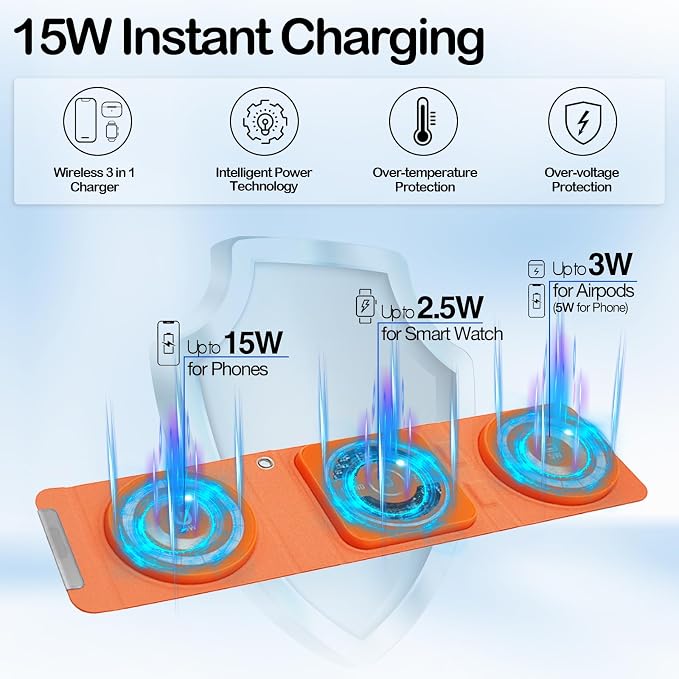 Fold 'N Style 3-in-1 Foldable Magnetic Wireless Charger Keychain 15W Travel Fast Charger for iPhone 15/14/13/12 Pro/Max/Plus Apple Watch AirPods Samsung Galaxy/Note Charge 2 Phones Simultaneously