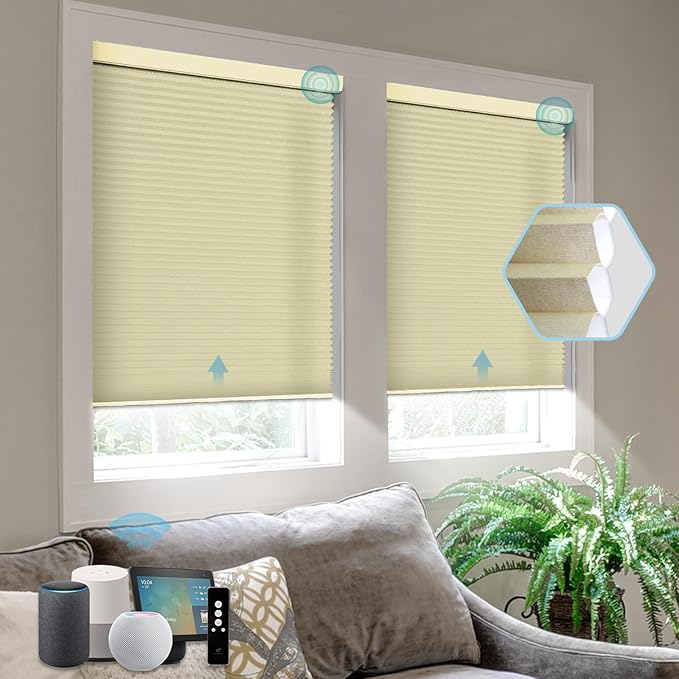 SmartWings Motorized Cellular Shades, Honeycomb Blinds Compatible with Zigbee/Alexa/Z-Wave/Homekit, Wireless Remote Control for Smart Home and Office in Customized Size,70% Blackout Cream