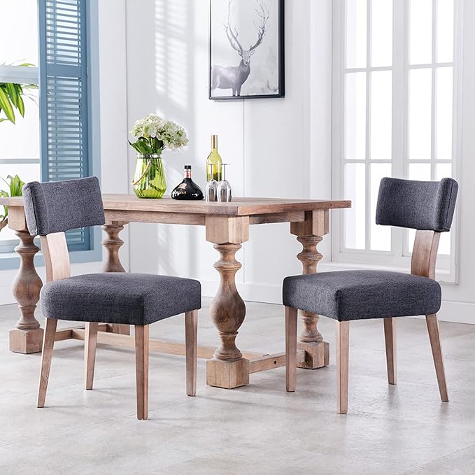 Linen Dining Chairs Set of 2, Modern Dining Chair with Curved Backrest and Wood Legs Upholstered Dining Chairs Farmhouse Dining Room Chairs Kitchen Chairs, Charcoal