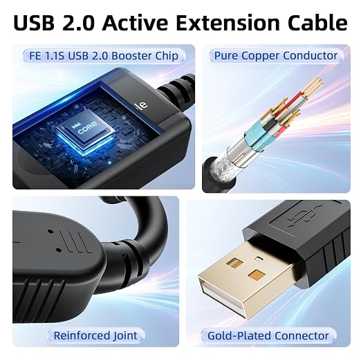 USB 2.0 Extension Cable 30FT / 10M USB Type A to A Long Active USB 2.0 Extender Male to Female Repeater Cable 480Mbps Transfer Speed for Game Consoles Printer Camera Keyboard Hard Drives