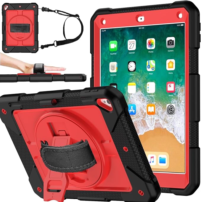 BMOUO Case for iPad 6th/5th Generation Case (9.7 inch 2018/2017) 360°Rotating Stand Hand/Shoulder Strap Shockproof iPad 9.7” Case for iPad Air 2 Black