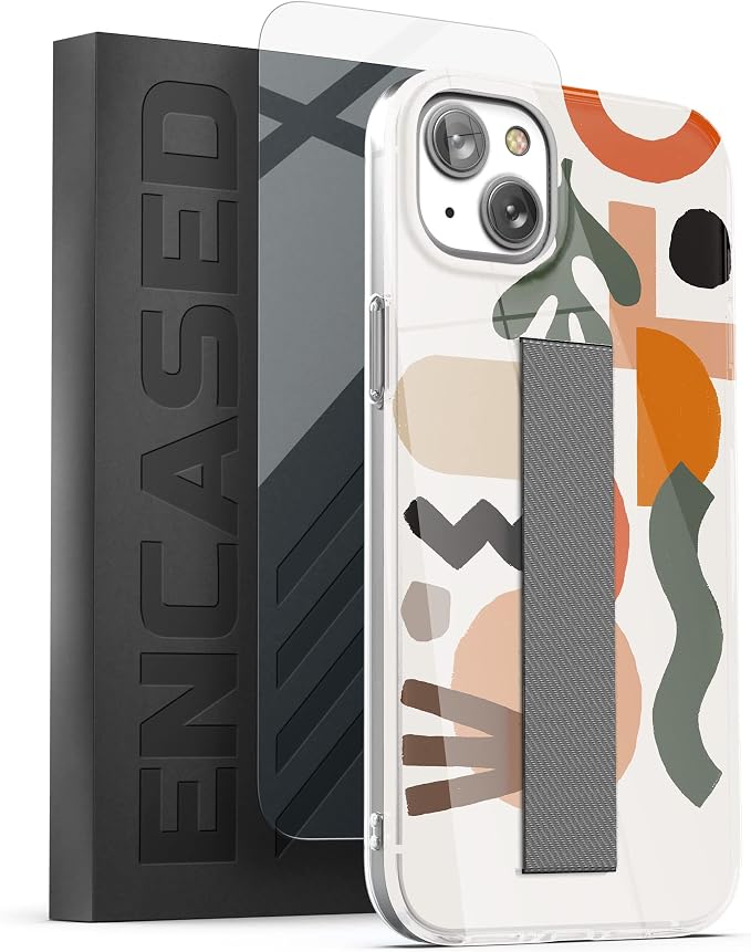 ENCASED Finger Loop Case Designed for iPhone 14 Plus Case with Hand Strap Phone Holder and Screen Protector (Black/Gold Marble)