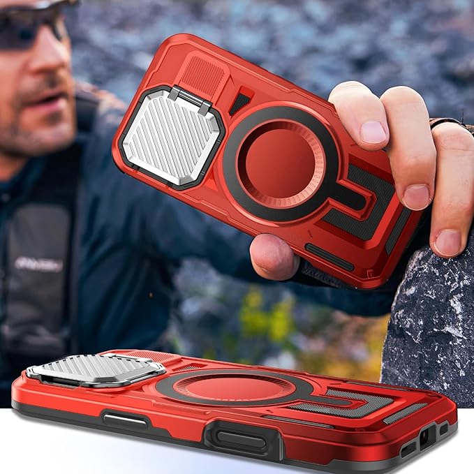 Camera Stand Case for iPhone 16 Pro, [Compatible with MagSafe] [Lens Cover] 2024 Version Military Grade Protective Soft Case for iPhone 16 Pro 6.3 inch Men Women, Red