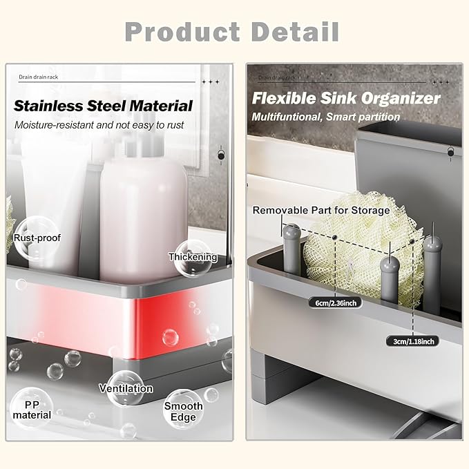 Sponge Holder for Kitchen Sink,Sink Caddy Organizer with Removable Brush Holder,Kitchen Countertop Soap Dispenser Storage with Detachable Towel Rack, Grey