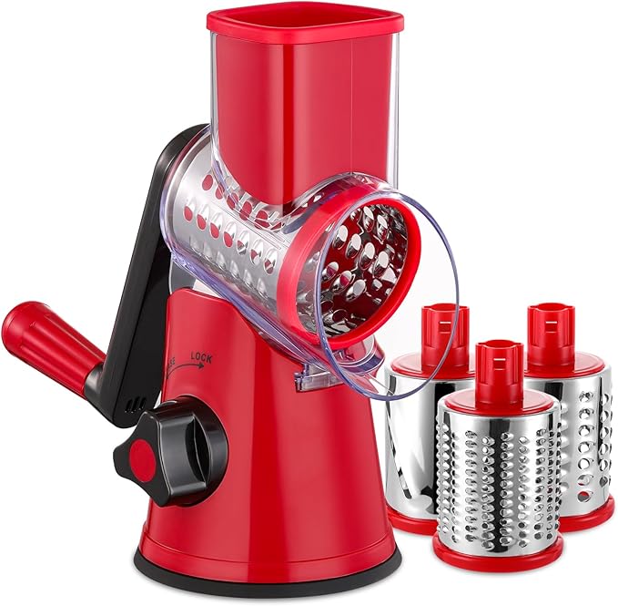 LucGee Rotary Cheese Grater with Handle - 3 in 1 Cheese Shredder Rotary Grater Stainless Steel Handheld, Vegetable Slicer for Fruit, Cheese, Nuts(Red)