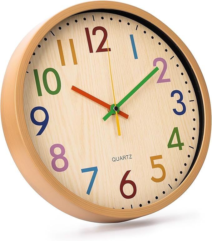 bakbrand Kids Wall Clock Silent Non-Ticking Colorful Childrens Clock Round Decorative Wall Clocks for Classroom, School, Office, Bedroom, Living Room, Kitchen (Bamboo Grain, 12 inch)