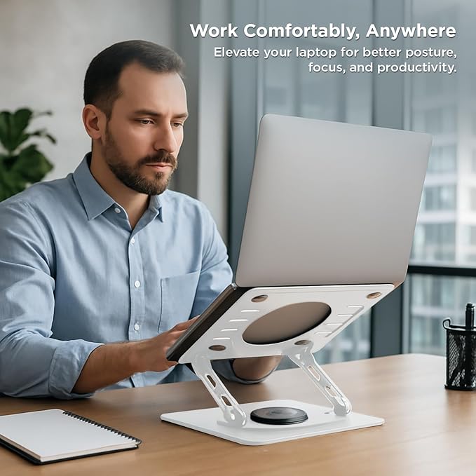 Uncaged Ergonomics Swivel Laptop Stand for Desk, Adjustable Computer iPad Stand for Desk w/ 360 Rotation, Portable Laptop Holder for Home Office Ergonomic Supplies (White)
