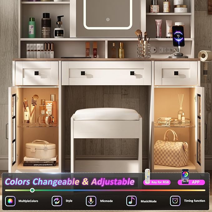 Fameill 45.5'' Farmhouse Makeup Vanity Desk with Sliding Mirror, Vanity Table with 3 Drawers and 2 Cabinets, Charging Station & LED Lights, Storage Shelves, Stool Included, Dressing Table for Bedroom