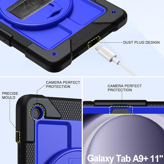 BMOUO for Samsung Galaxy Tab A9+ Plus Case 11 2023 (SM-X210/X216/X218) Shockproof Galaxy Tab A9 Plus Case with Rotating Stand and Hand/Shoulder Strap Black
