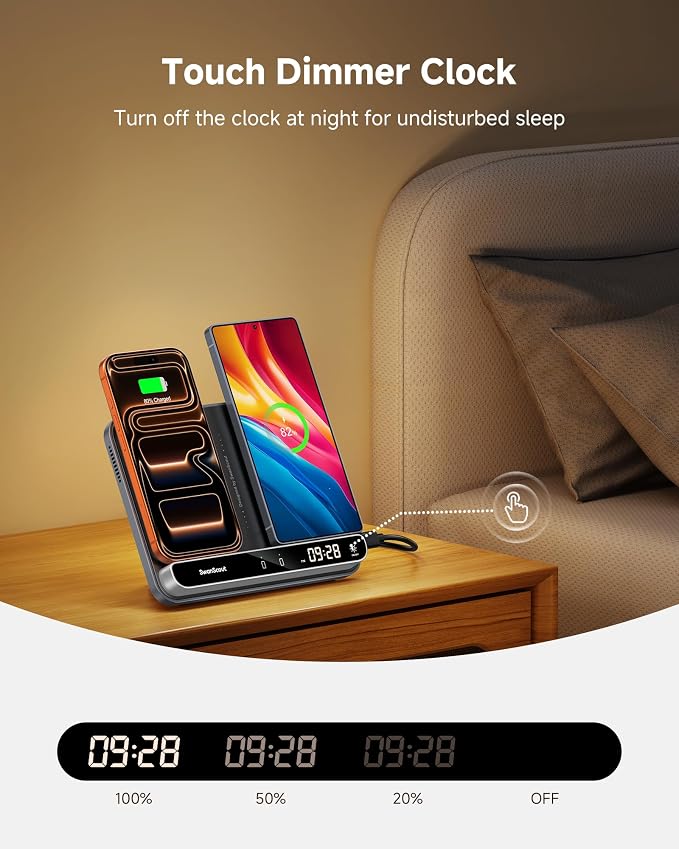 Dual Phone Foldable Wireless Charging Station for iPhone Galaxy Pixel | Dual phone charging Foldable portable stand Dimmable clock Case friendly Raised charging area flat mode for earbuds 504