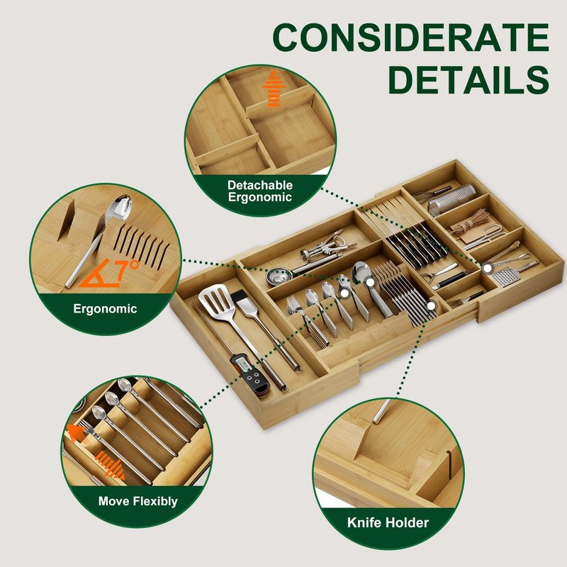 Landmok Bamboo Silverware Drawer Organizer, 17.72-29.53 Inch Expandable Large Kitchen Drawer Organizer, 5-8 Slot Flatware with Removable Card Slots & Knife Block for Spoon Butter Knive, Natural