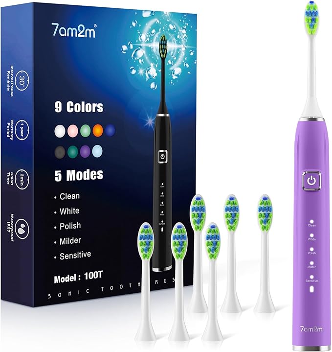 7AM2M Ultrasonic Electric Toothbrush with 6 Brush Heads for Adults&Kids, Type C Rehargeable, One Charge for 120 Days, 5 Modes&40000VPM Powered Toothbrush, 2 Minutes Built in Smart Timer (Purple)