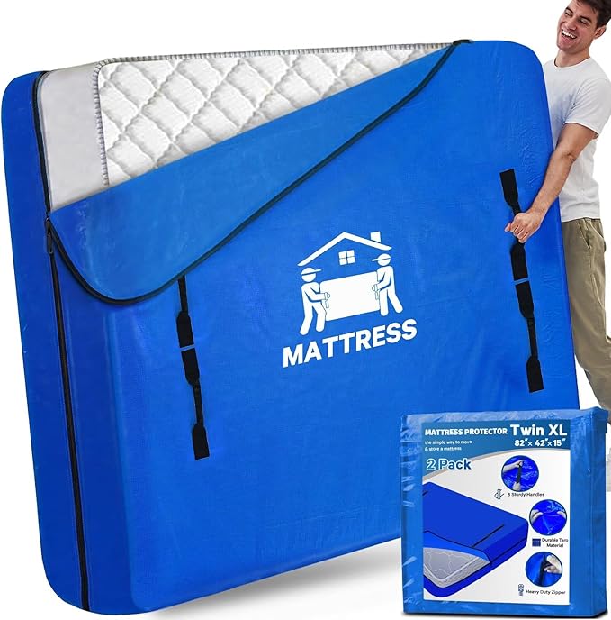 Mattress Bags for Moving, BETU Mattress Protector Waterproof Mattress Cover Twin XL Size Storage Bags with 8 Heavy-Duty Handles and Zipper for College Bed Extra Thick Large(2 Pack:82"x42"x15" Blue)