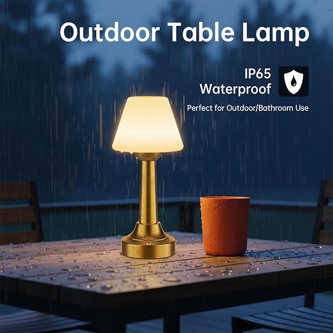 Cordless Table Lamp, Rechargeable Touch LED Lamp with 3 Color Temps & Stepless Dimming, Portable Battery Operated Light for Bathroom, Shower, Bedroom, Patio, Indoor/Outdoor Use, IP65 Waterproof