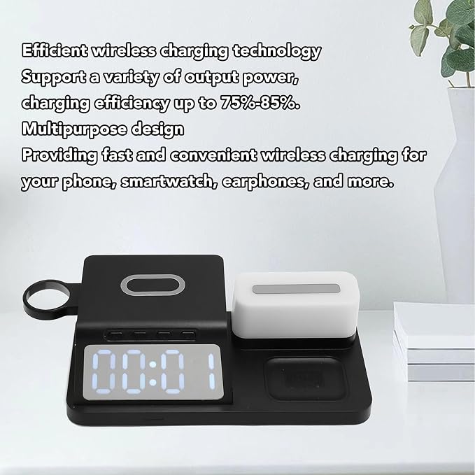 Multifunctional Alarm Clock Wireless Charger 15W Fast Charging with LED Display Calendar Night Light for Phone Smartwatch Earphone (Black)