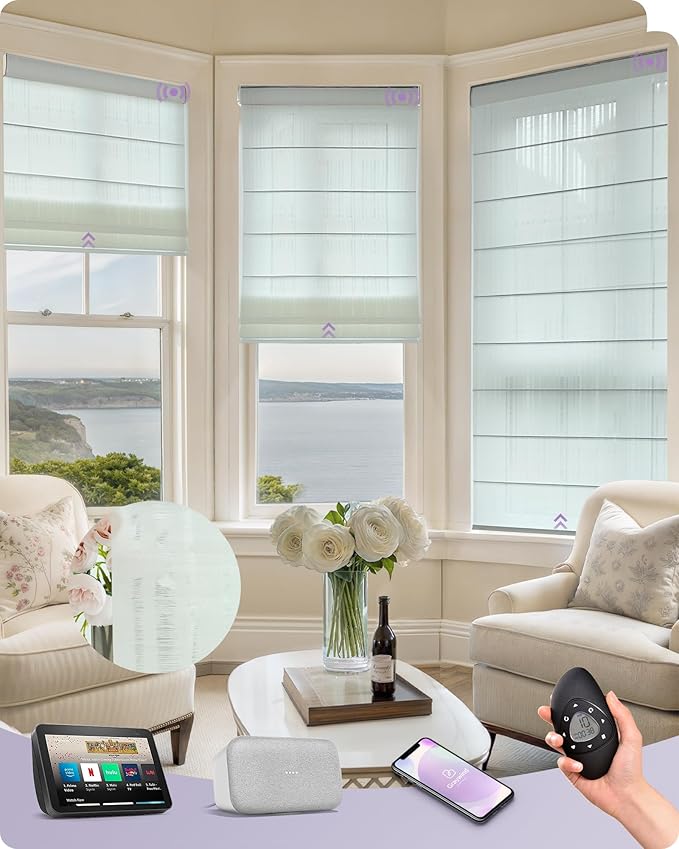 Graywind Smart Natural Roman Shades Compatible with Alexa Google Rechargeable Light Filtering Motorized Blinds with Remote Plain Fold for Doors Bedroom, Custom Size (Strip White)