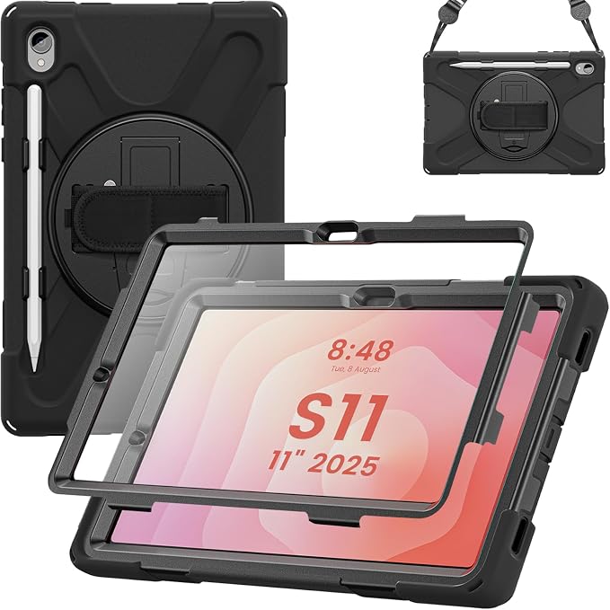 Case for Galaxy Tab S10 FE+ 13.1 2025 with Screen Protector+360 Rotating Hand Strap&ampStand+Shoulder Strap (Black)