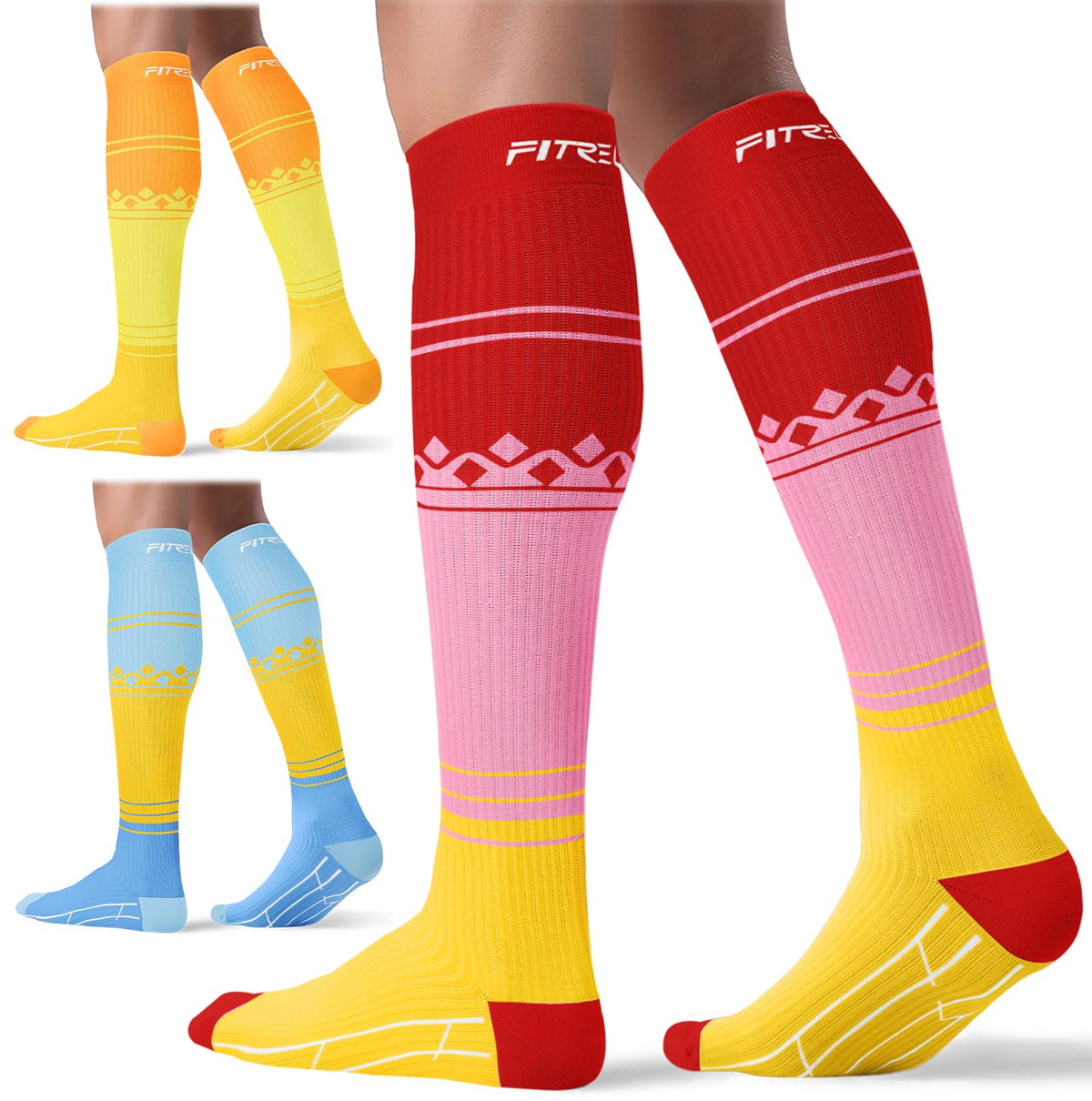 FITRELL 3 Pairs Compression Socks for Women and Men 20-30mmHg- Support Socks for Travel, Running, Nurse, Knee High, Popsicle, S/M