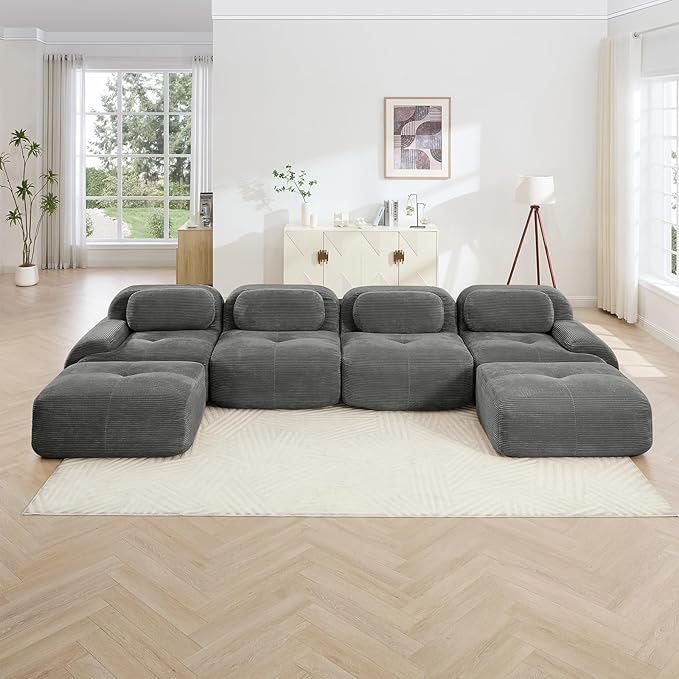 152" Modern Compressed Boneless Couch with Ottoman, 4 Seater Large U Shaped Sectional Couches for Living Room, Gray Corduroy Cloud Modular Sectional Sofa, Memory Foam, Extra Deep, No Assembly