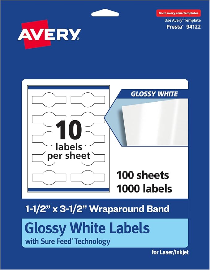 Avery Glossy White Wraparound Band Labels, Sure Feed Technology, 1.5" x 3.5", Cigar Band Labels, 1,000 Total, Print-to-The-Edge, Permanent Adhesive, Laser/Inkjet Printable