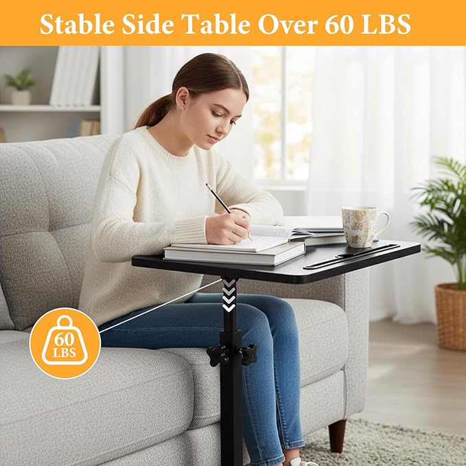 jessie Tv Tray Table, Adjustable Tray Table for Couch 360° Swivel C Shaped End Table with Phone Tablet Slot for Living Room, Sofa, Bedside, Bathroom (Black)