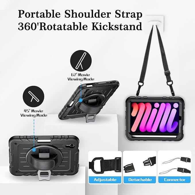for iPad mini 7 A17 Pro/iPad mini 6 8.3 Inch Case iPad mini 7th/6th Generation Case (2024/2021) with Pencil Holder/Kickstand Hand Strap/Shoulder Strap Black