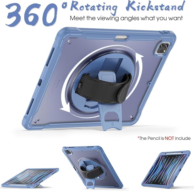 BRAECNstock Full-Body Case for iPad Air 13/Pro 12.9(3-6th)Khaki | Drop-Proof Case with Pencil Holder &amp Screen Protector | 360° Stand for Hands-Free Travel Strap | DIY-Friendly Frosted Back