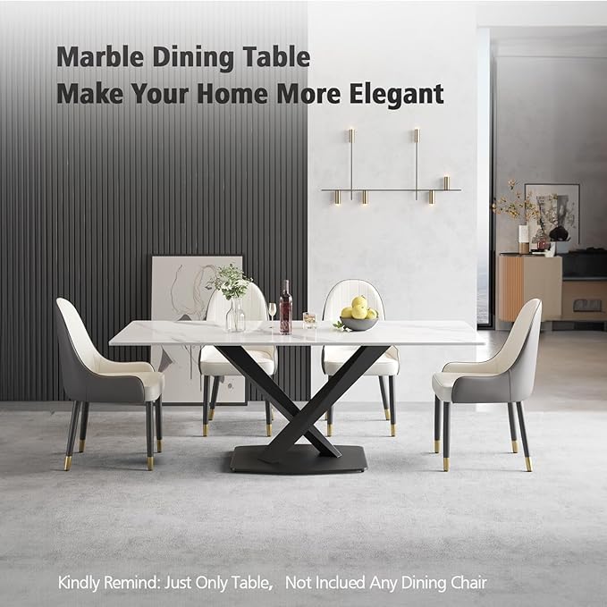 Modern Rectangle Marble Dining Table for 6,71" White Marble Sintered Stone Top Dining Table,Rectangle Dining Room Table with X-Shape Carbon Steel Pedestal for Kitchen/Living Room(Table Only)