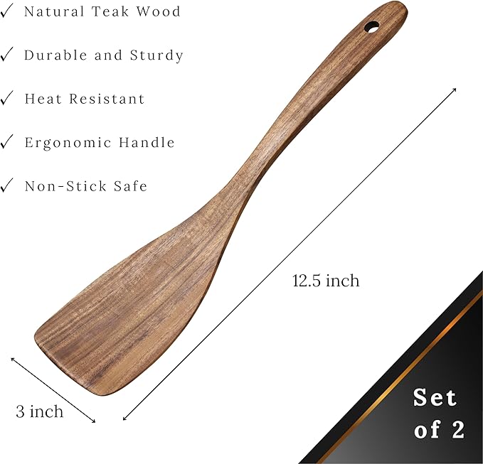 Wooden Spatula for Cooking, 2Pcs Teak Wooden Utensil Set, Bamboo Spatulas for Cooking, Teak Cooking Utensils, Wood Turner