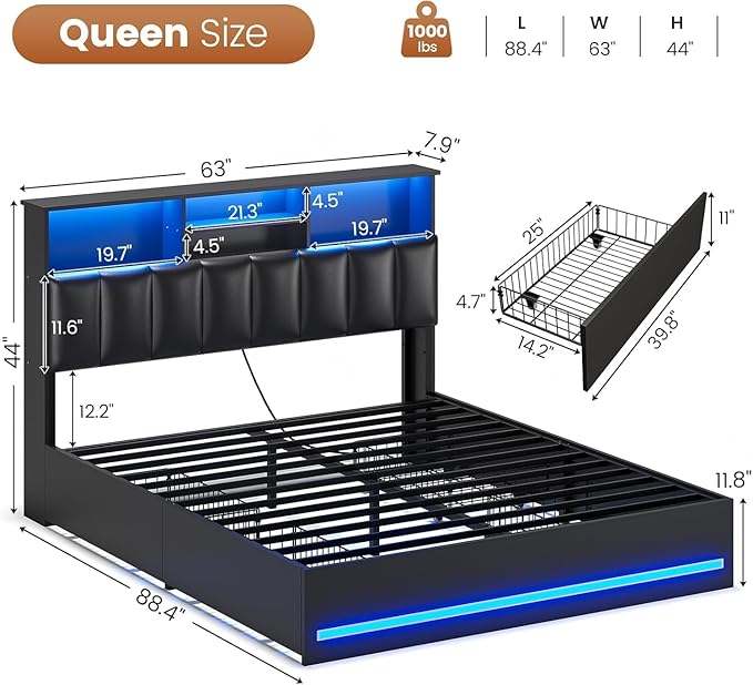 AOGLLATI Queen Bed Frame with Stylish Bookcase Headboard & Charging Station & LED Lights,Queen Size Bed Frame with 4 Drawers and Metal Slats, No Box Spring Needed,Black