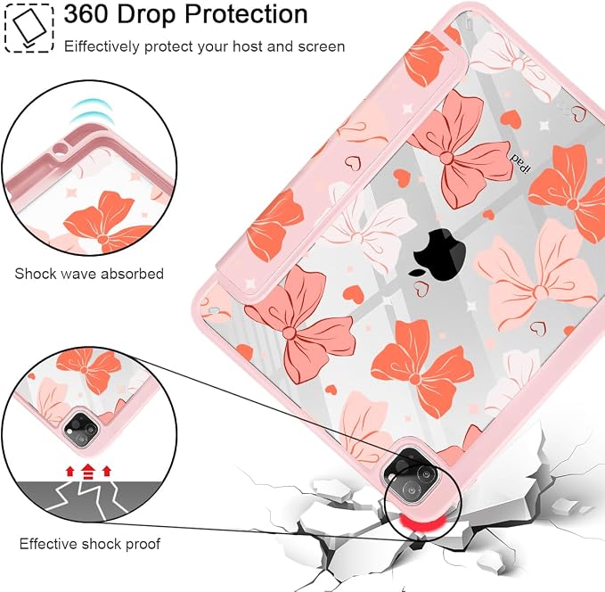 Case for iPad 12.9 Inch (6th/5th/4th/3rd Generation 2022/2021/2020/2018) Pencel Holder + Trifold Support Auto Sleep/Wake Transparent Shockproof Back Cover Abstract Floral SD163