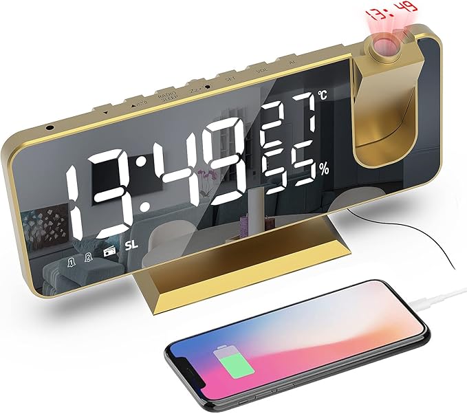 Mightree Projection Alarm Clock for Bedroom, Digital Alarm Clock with USB Charger, 7.4" Large LED Mirror Display Radio Alarm Clock, Dual Smart Alarm with Projection on Ceiling, Rich Gold