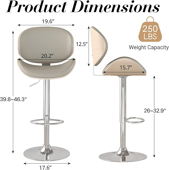 Adjustable Swivel Bar Stools Set of 4, Modern Bentwood Barstool with Large Metal Base and Footrest, PU Leather Upholstered Bar Chair with Curved Back for Kitchen Island Dining Room, Gray