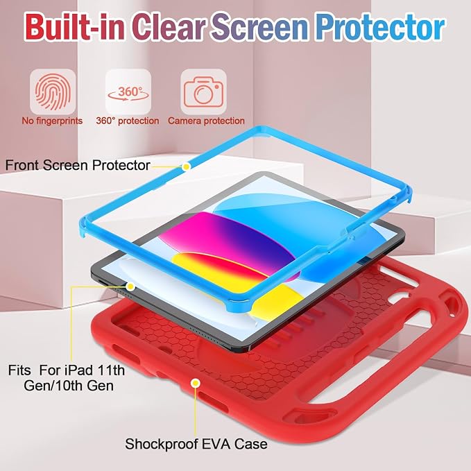 TIRIN Kids Case for iPad A16 11th Generation 2025/iPad 10th Generation 2022 with Built-in Screen Protector Shockproof Handle Stand iPad Case for Kids Black