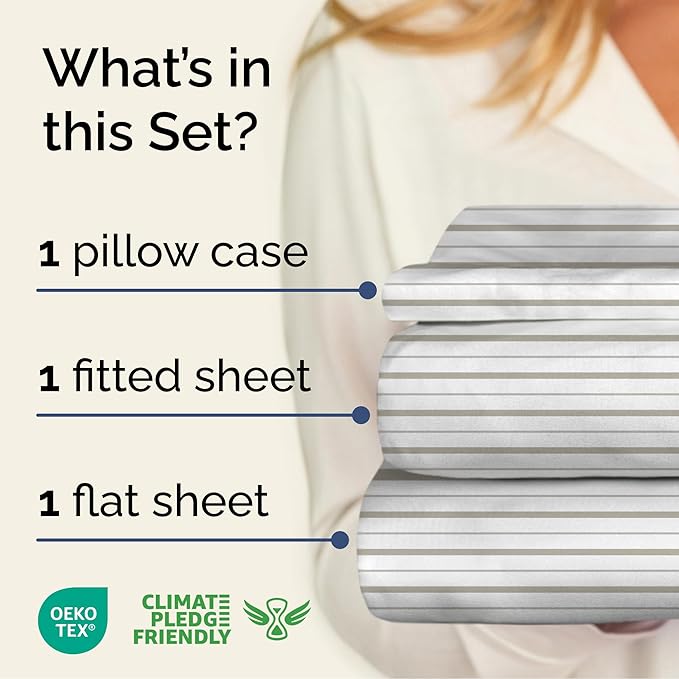 Striped Sheets - Light Grey & White Striped Sheets - 1 Flat & 1 Fitted & 1 Pillowcase w/ Deep Pockets – Wrinkle & Fade Free - Soft, Breathable & Cooling – Luxury Pinstripe Bedding - Twin Size Bed Set