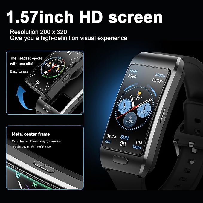 2-in-1 Smart Health Band with Built-in Bluetooth Earbuds, Fitness & Activity Tracker with Heart Rate & Sleep Monitor, Bluetooth Call Support, 1.57" HD Touchscreen for Daily Wellness (Black)